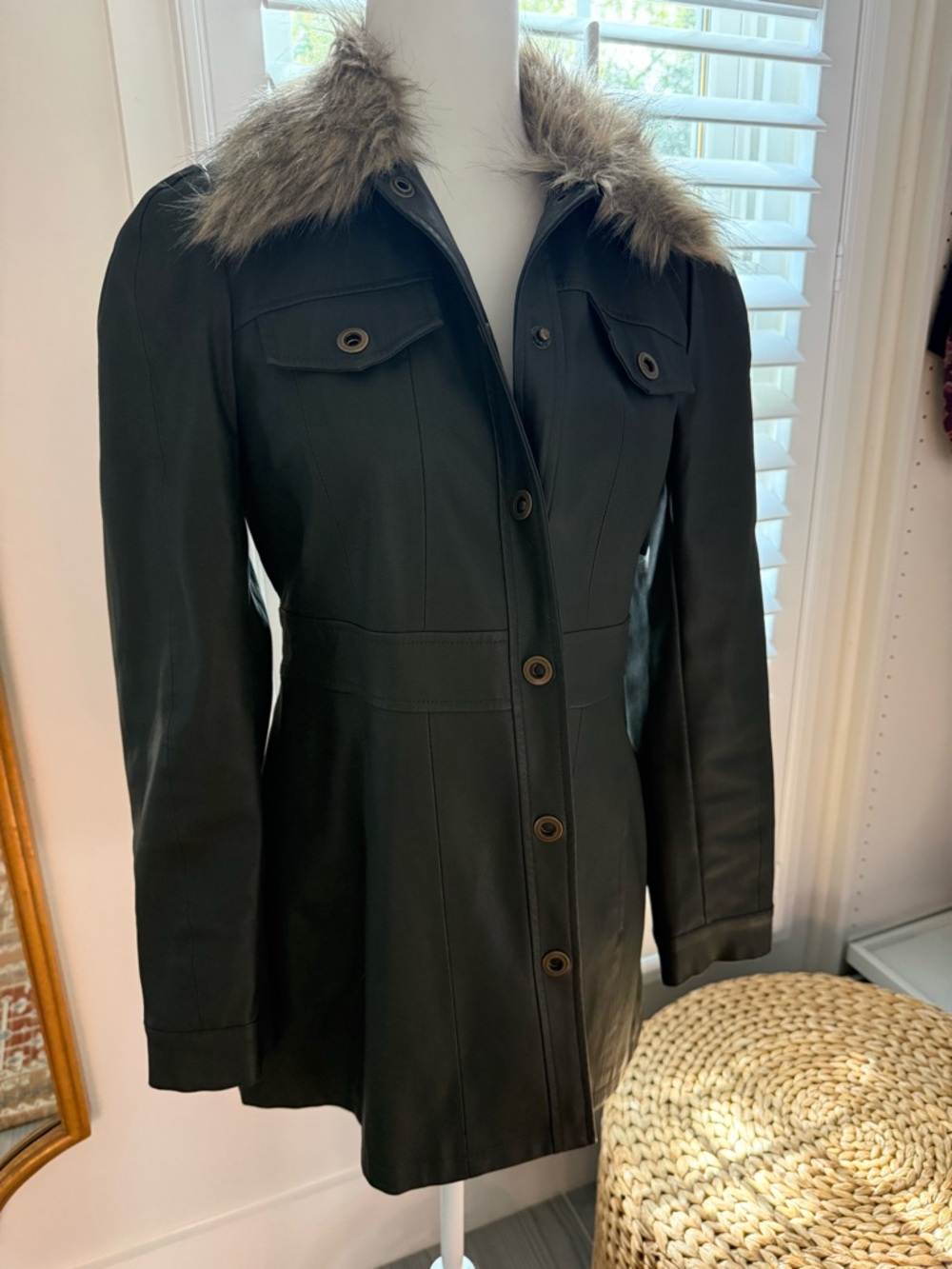 Anthropologie Kellie Faux Leather Trench Coat with Faux Fur Collar